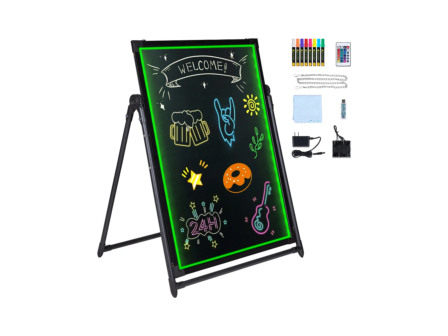 Tableau d’Écriture de Messages à LED SucceBuy 59,8 x 79,8 cm, Tableau Noir Effaçable Éclairé, avec 8 Marqueurs à Craie Fluorescente