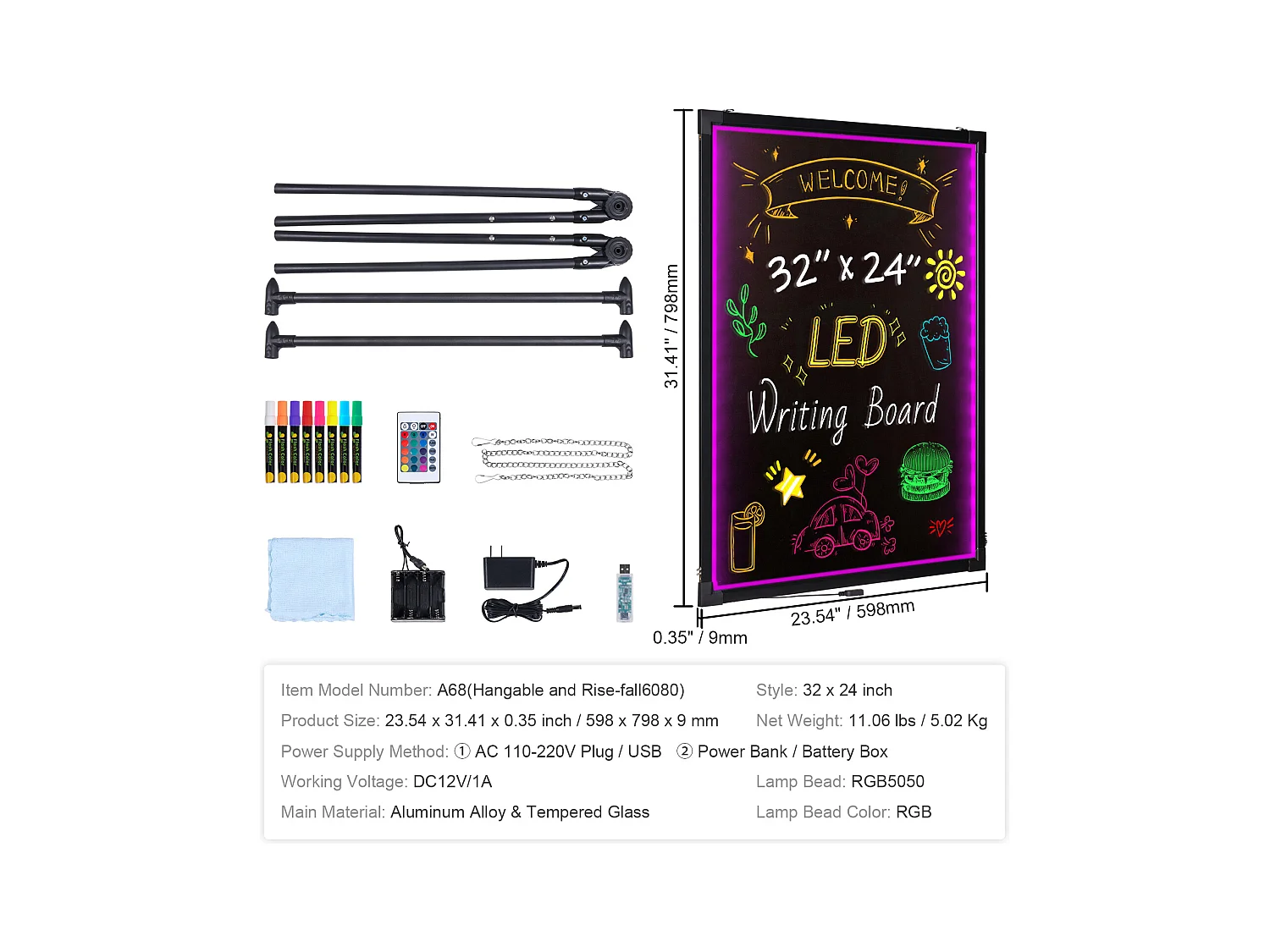 Tableau d’Écriture de Messages à LED SucceBuy 59,8 x 79,8 cm, Tableau Noir Effaçable Éclairé, avec 8 Marqueurs à Craie Fluorescente