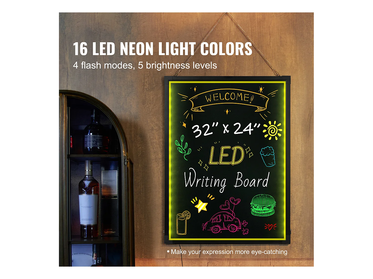 Tableau d’Écriture de Messages à LED SucceBuy 59,8 x 79,8 cm, Tableau Noir Effaçable Éclairé, avec 8 Marqueurs à Craie Fluorescente