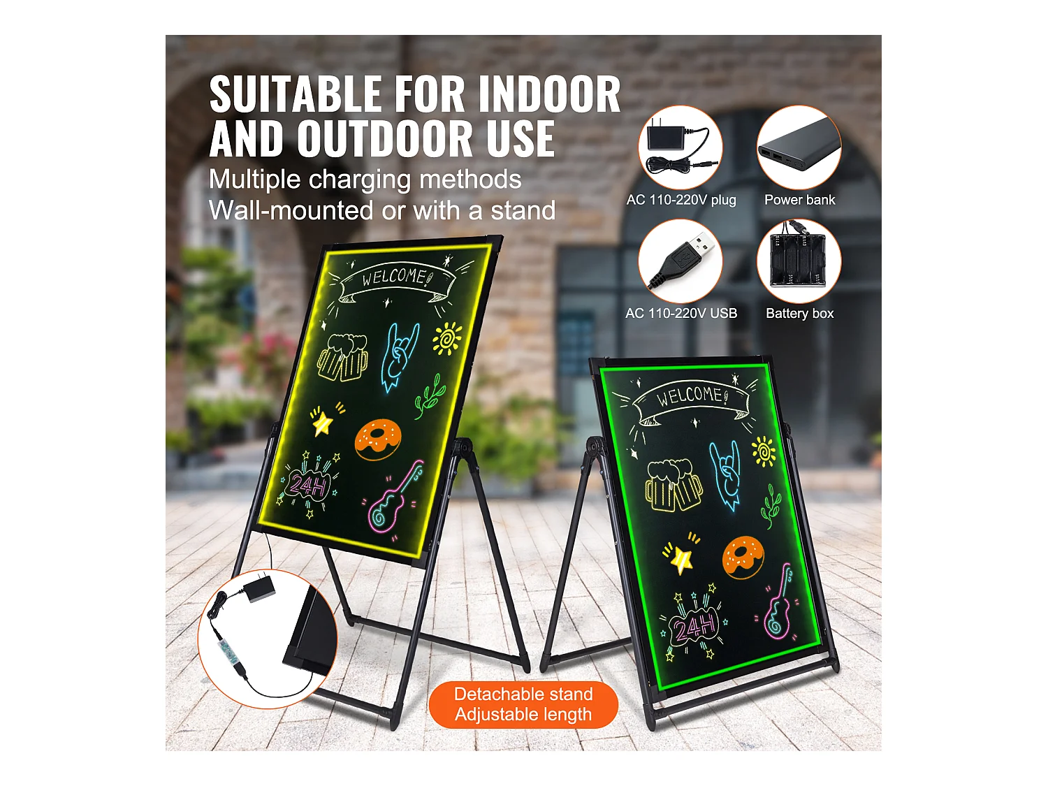 Tableau d’Écriture de Messages à LED SucceBuy 59,8 x 79,8 cm, Tableau Noir Effaçable Éclairé, avec 8 Marqueurs à Craie Fluorescente