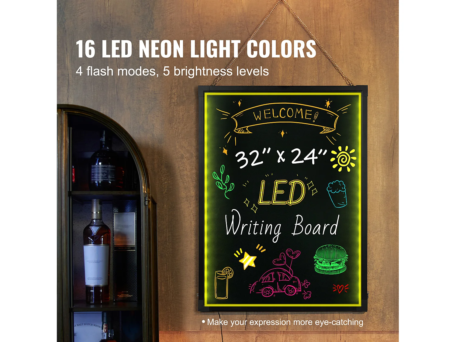 Tableau d’Écriture de Messages à LED SucceBuy 59,8 x 79,8 cm, Tableau Noir Effaçable Éclairé, avec 8 Marqueurs à Craie Fluorescente