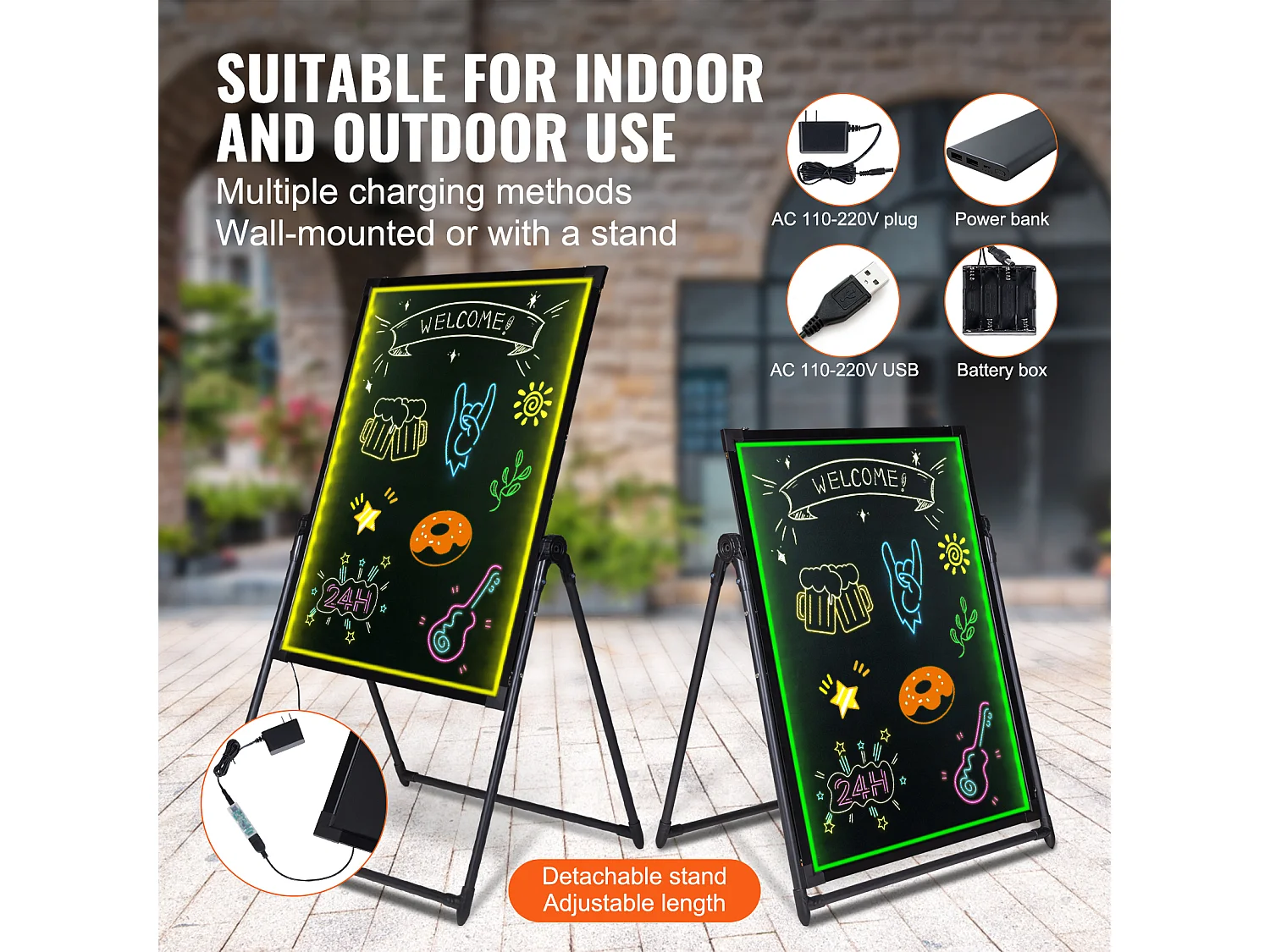 Tableau d’Écriture de Messages à LED SucceBuy 59,8 x 79,8 cm, Tableau Noir Effaçable Éclairé, avec 8 Marqueurs à Craie Fluorescente