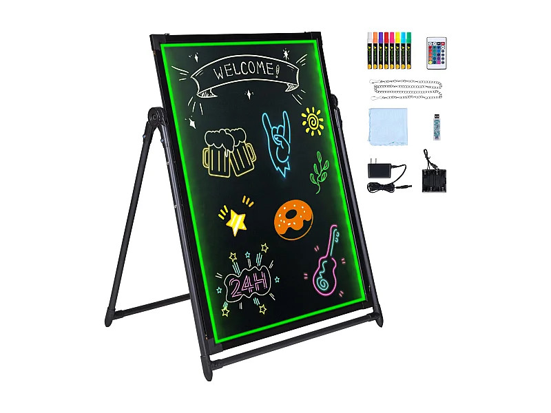 LED-Berichtschrijftafel SucceBuy 59,8 x 79,8 cm, Verlichte Zwarte Wisttafel, met 8 Fluorescerende Kreidemarkeerders