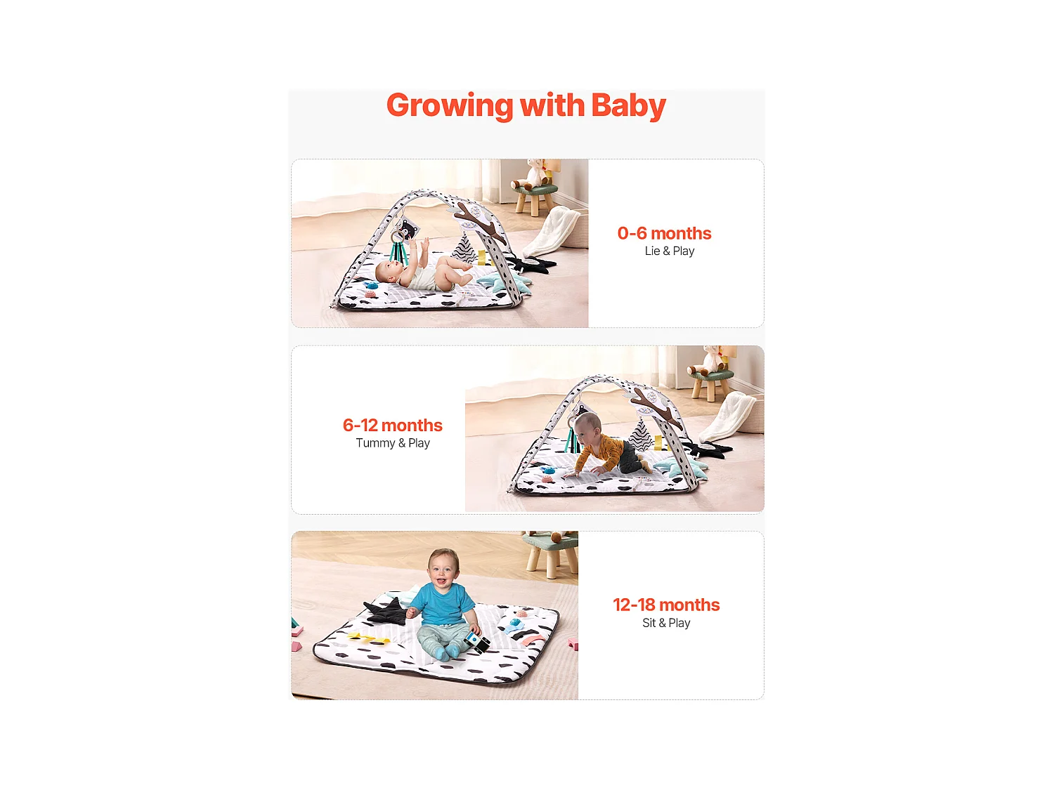 Speelmat voor Baby's, SucceBuy Baby Speelgymmat-Buikligtijd met 6 Sensorisch Speelgoed, 87.5 × 87.5 cm