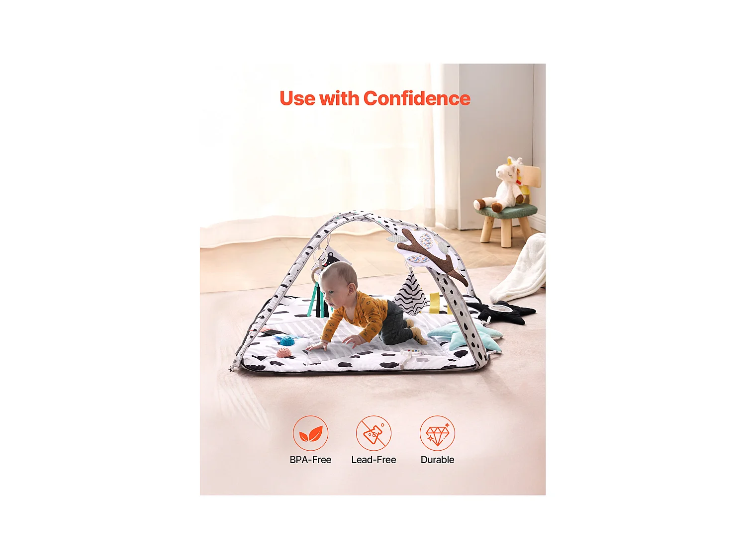 Speelmat voor Baby's, SucceBuy Baby Speelgymmat-Buikligtijd met 6 Sensorisch Speelgoed, 87.5 × 87.5 cm