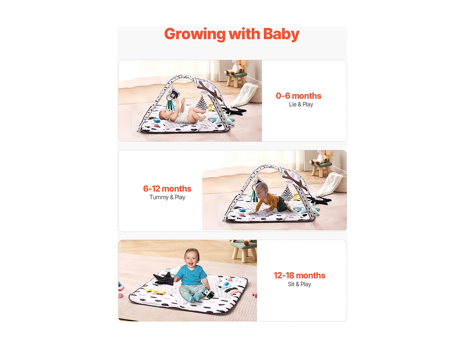 Tapis d'Éveil Bébé, SucceBuy Baby Play Gym Mat-Temps de Ventre avec 6 Jouets Sensoriels, 87.5 × 87.5 cm