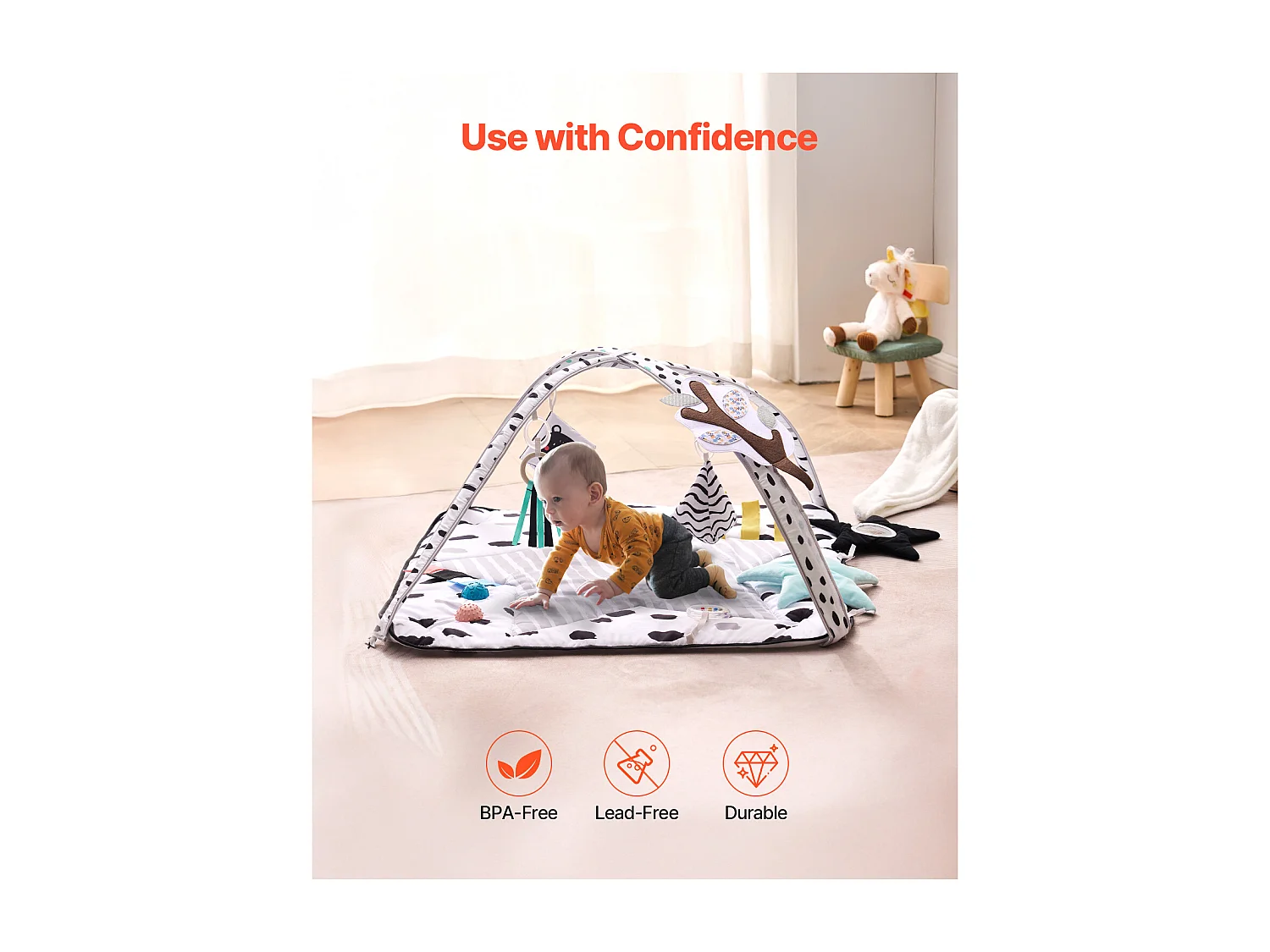 Tapis d'Éveil Bébé, SucceBuy Baby Play Gym Mat-Temps de Ventre avec 6 Jouets Sensoriels, 87.5 × 87.5 cm