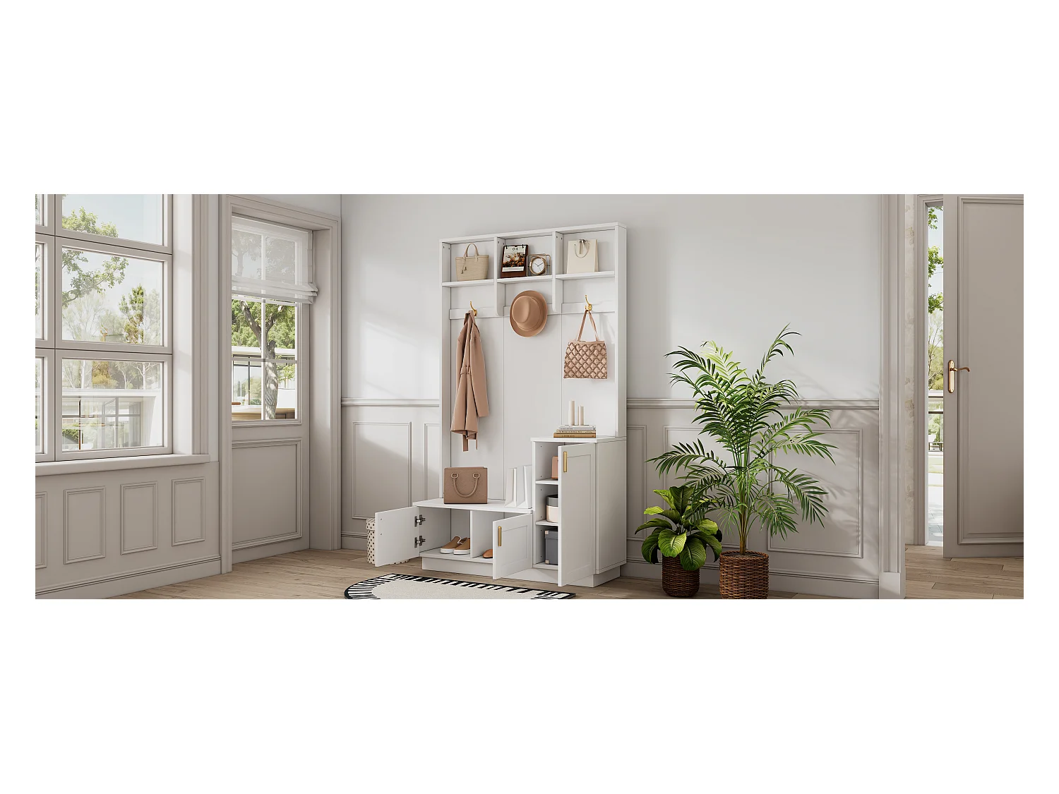 Kapstok met schoenenrek en schoenenopbergruimte, wit, multifunctionele opberger met 3 haken, open opbergruimte, voor in de hal, afmetingen (H200 x B120 x D40 cm)