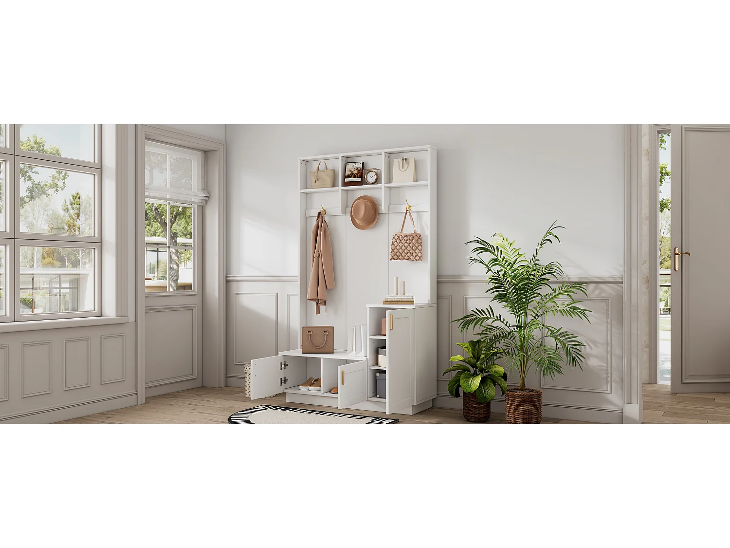 Kapstok met schoenenrek en schoenenopbergruimte, wit, multifunctionele opberger met 3 haken, open opbergruimte, voor in de hal, afmetingen (H200 x B120 x D40 cm)