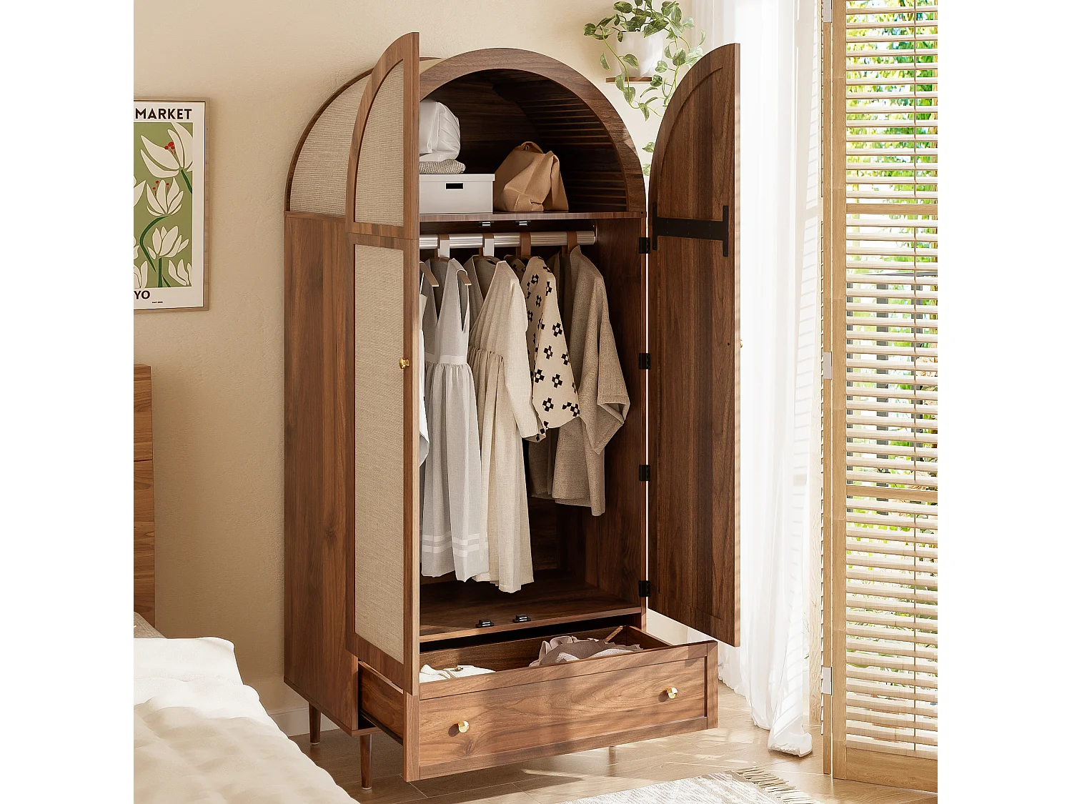 Armoire Moderne en MDF, Porte en Tissu & Tiroir, Design Noyer, (79x50x175 cm)