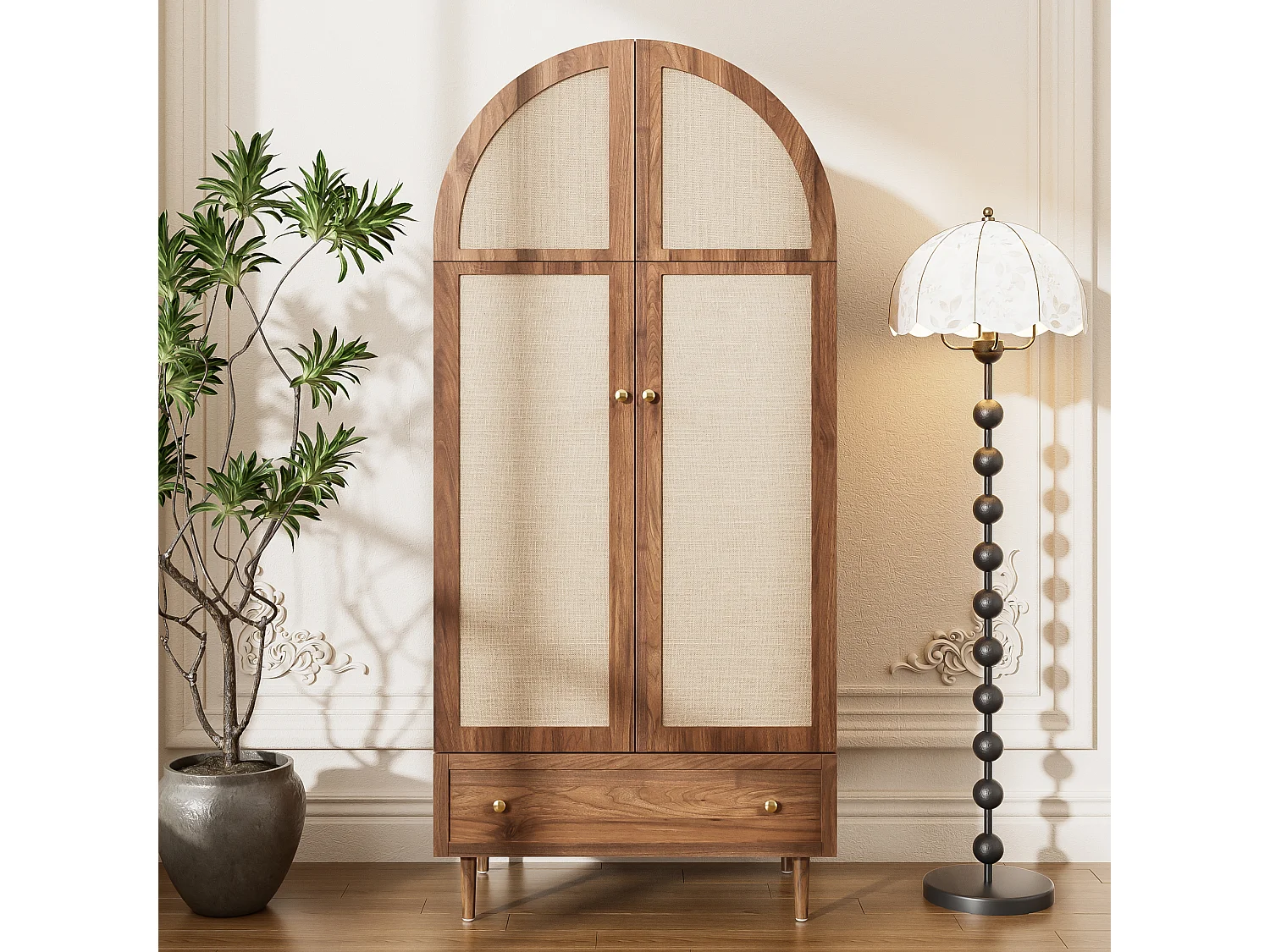 Armoire Moderne en MDF, Porte en Tissu & Tiroir, Design Noyer, (79x50x175 cm)