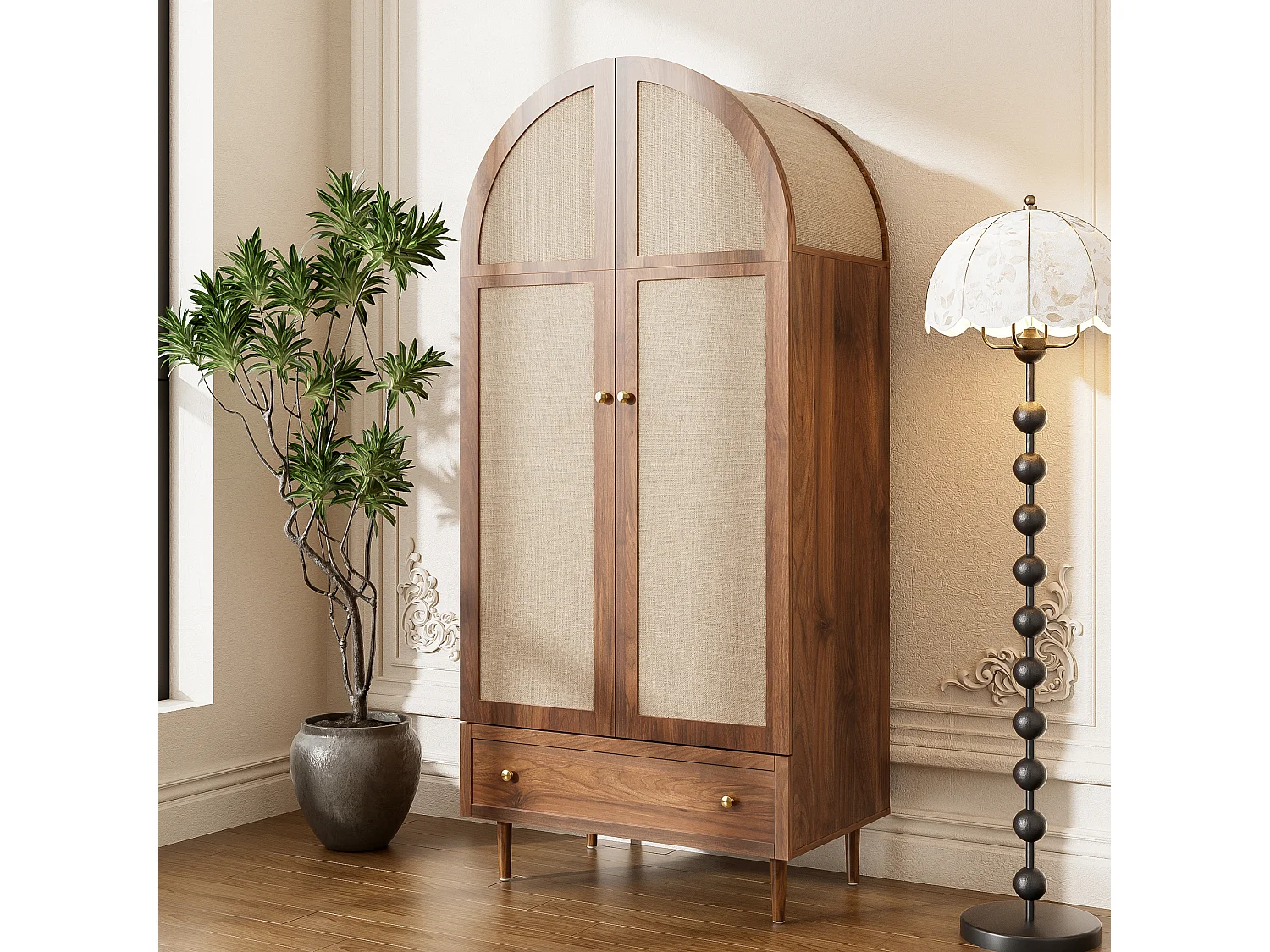 Armoire Moderne en MDF, Porte en Tissu & Tiroir, Design Noyer, (79x50x175 cm)