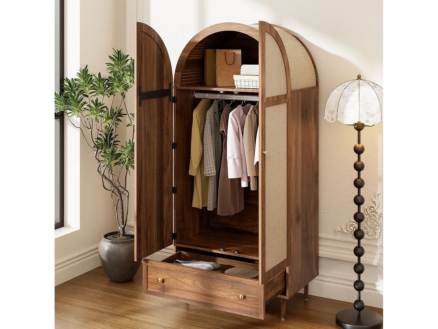 Armoire Moderne en MDF, Porte en Tissu & Tiroir, Design Noyer, (79x50x175 cm)