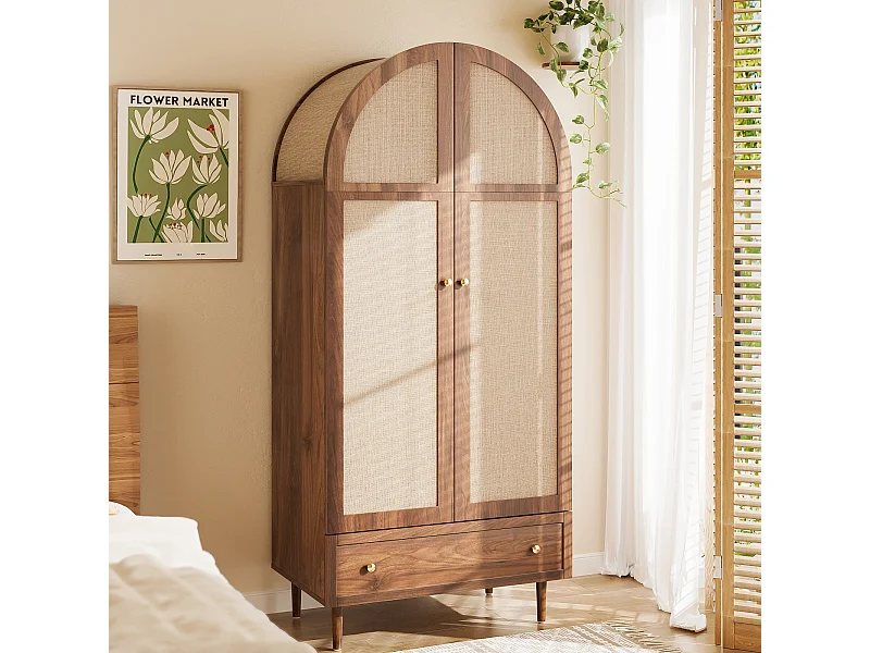 Armoire Moderne en MDF, Porte en Tissu & Tiroir, Design Noyer, (79x50x175 cm)