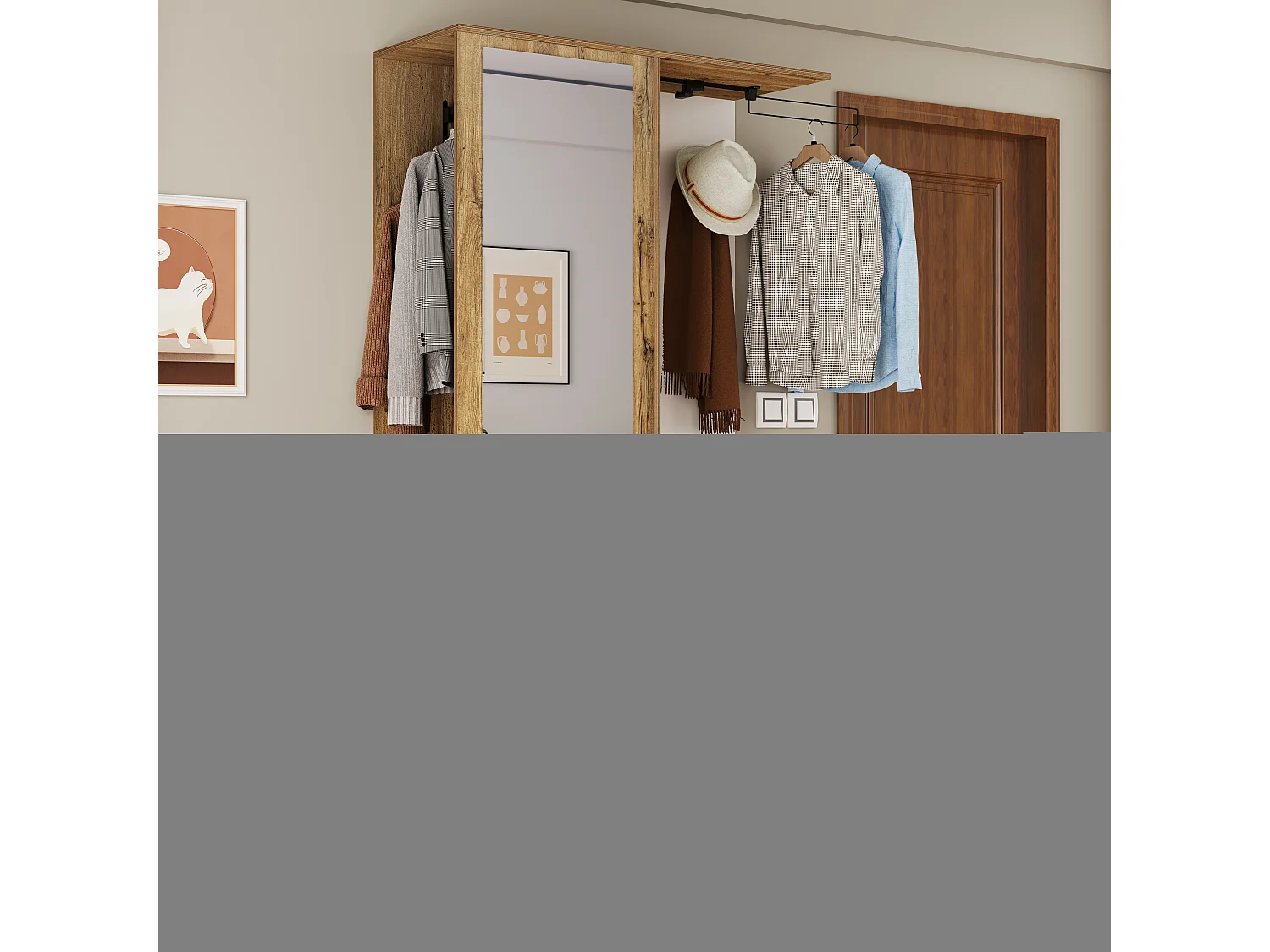 Garde-robe multifonctionnelle avec miroir, porte-chaussures, banc de rangement et porte-manteaux extensible, Blanc et Bois (100x38x180 cm)