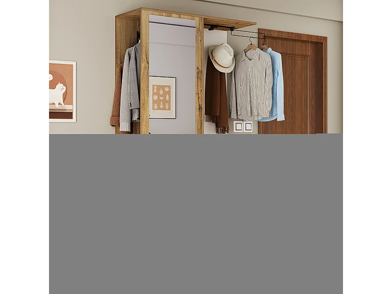 Garde-robe multifonctionnelle avec miroir, porte-chaussures, banc de rangement et porte-manteaux extensible, Blanc et Bois (100x38x180 cm)