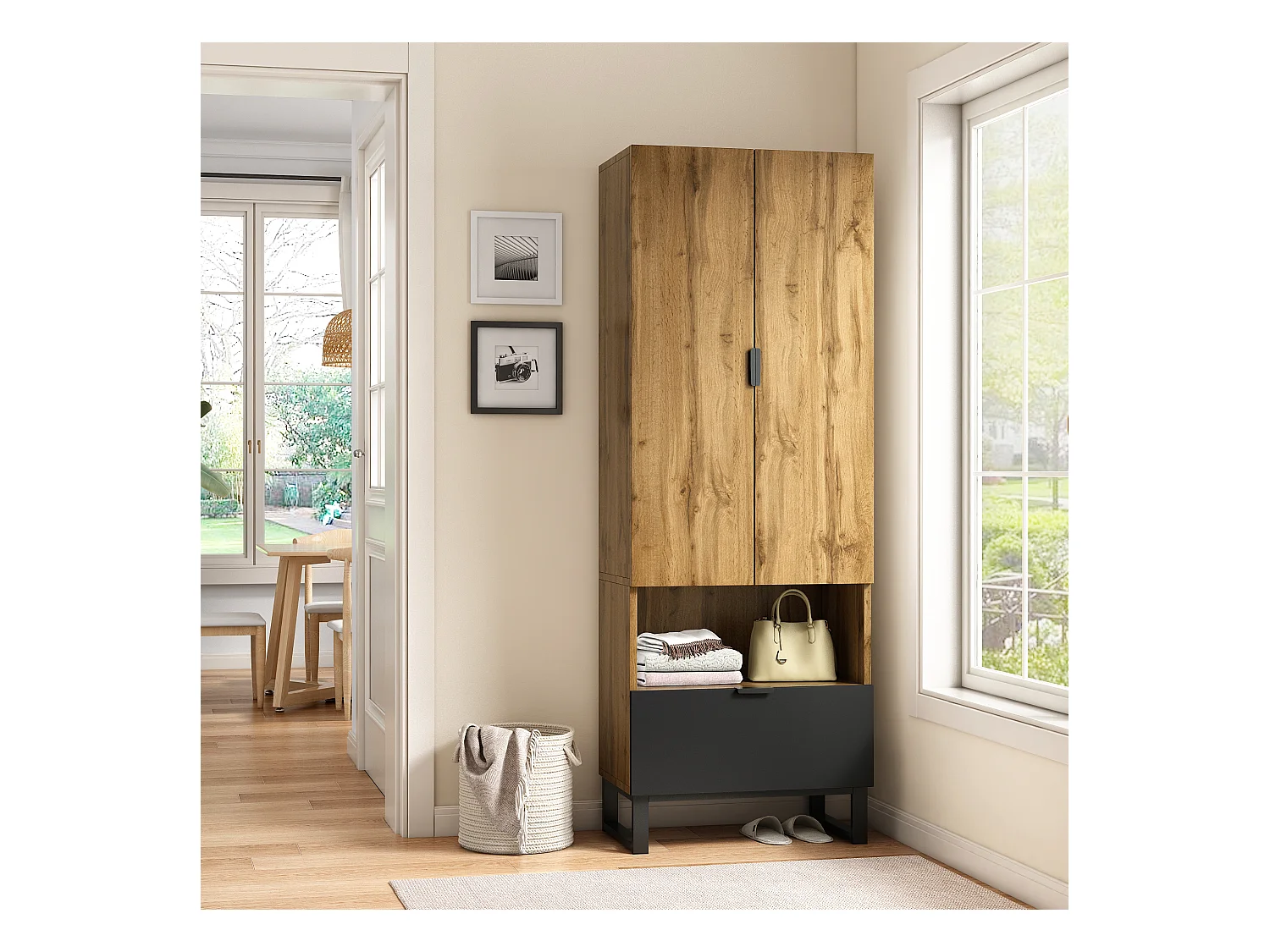 Armadio da ingresso con cassetto, ripiani regolabili e appendiabiti, pannello truciolare, naturale e nero (180x38x65 cm)