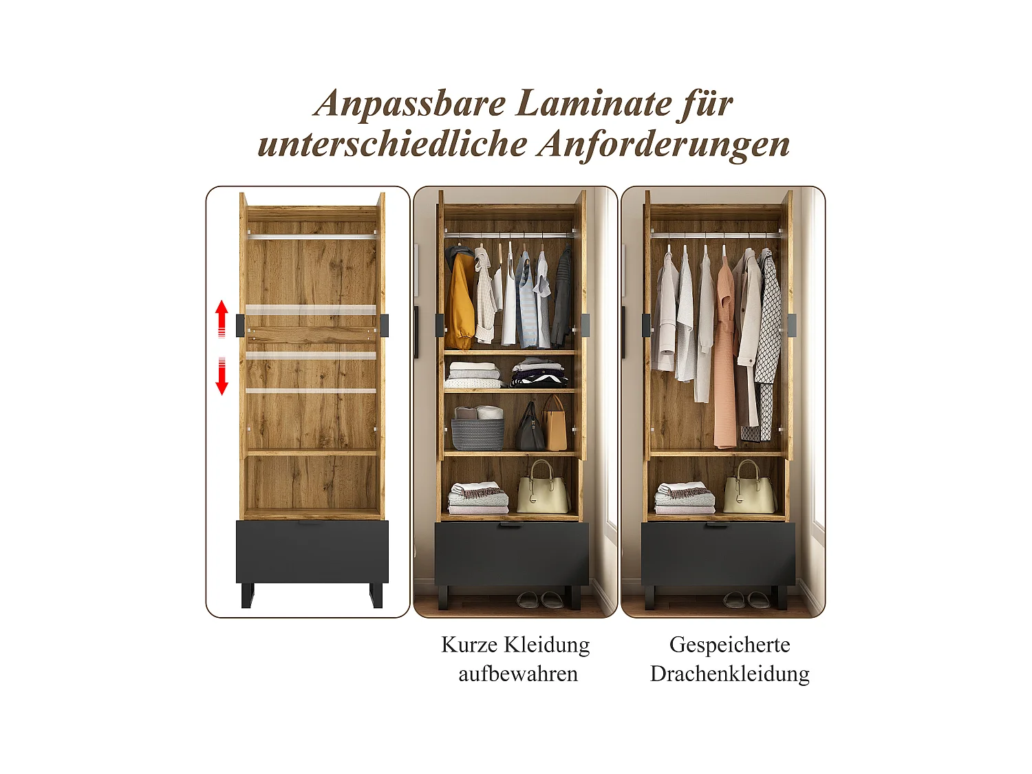 Armadio da ingresso con cassetto, ripiani regolabili e appendiabiti, pannello truciolare, naturale e nero (180x38x65 cm)