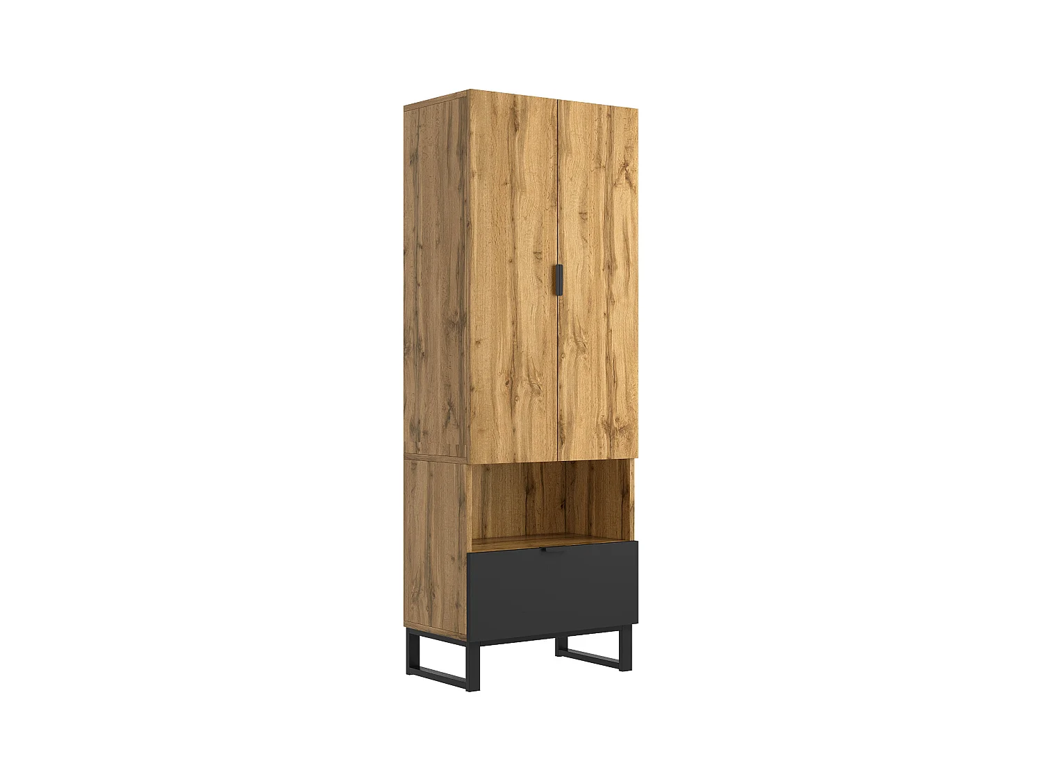 Halkast met lade, verstelbare planken en kledingrek, spaanplaat, naturel en zwart (180x38x65 cm)