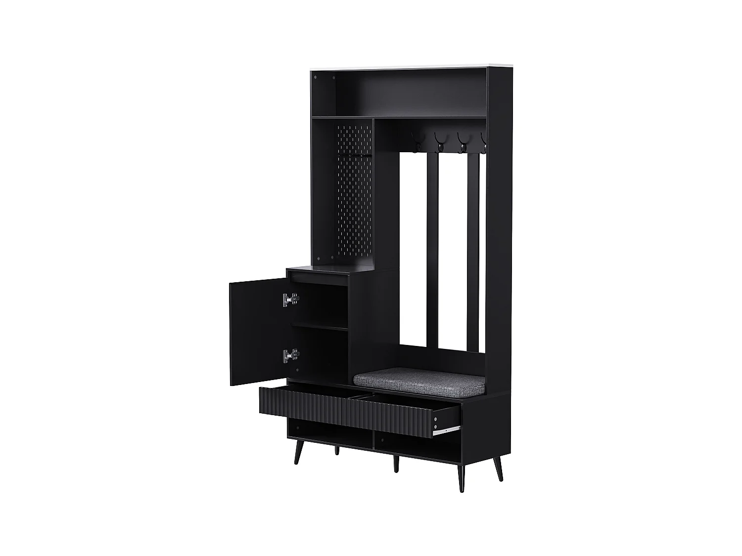 Meuble d'entrée multifonction avec banc, porte-manteaux, étagères, 4 crochets, 2 tiroirs, 1 porte, noir, (100x35x180 cm)