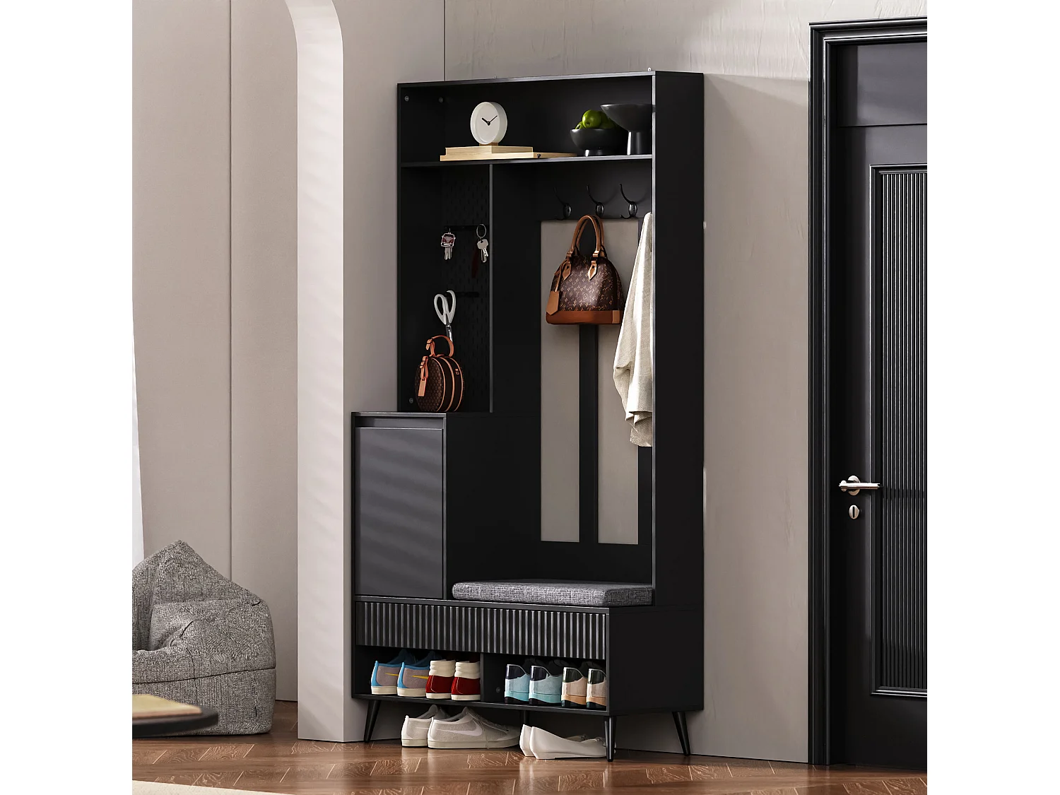 Mobile d'ingresso multifunzionale con panca, appendiabiti, ripiani, 4 ganci, 2 cassetti, 1 anta, nero, (100x35x180 cm)