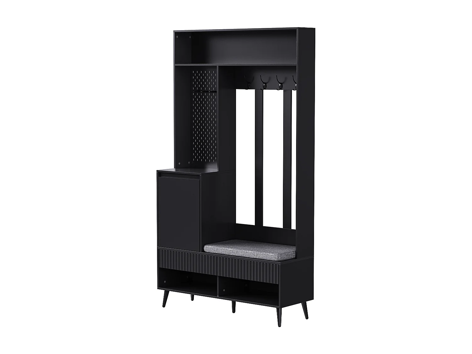 Mobile d'ingresso multifunzionale con panca, appendiabiti, ripiani, 4 ganci, 2 cassetti, 1 anta, nero, (100x35x180 cm)