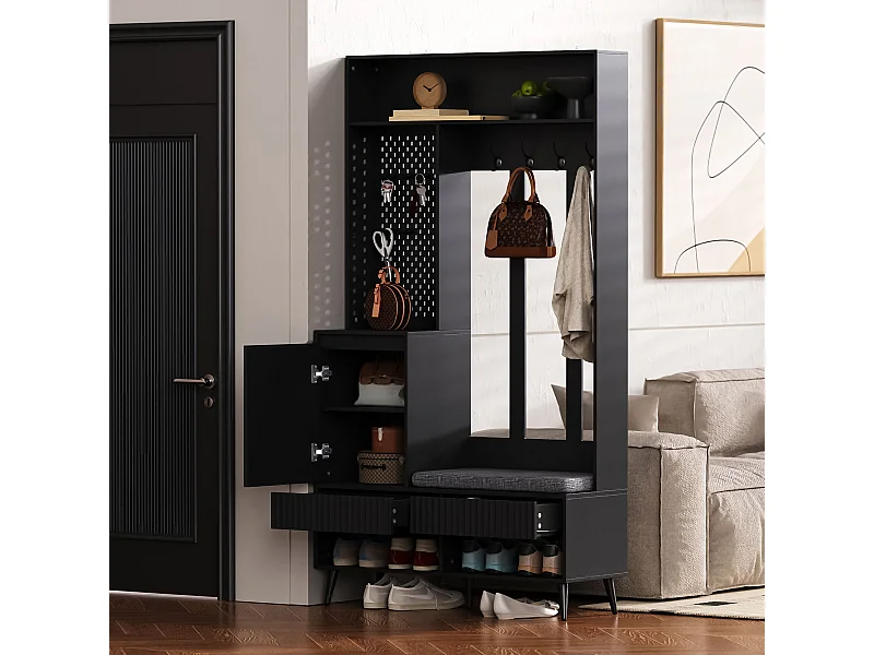 Multifunctioneel entreemeubel met bank, kapstok, planken, 4 haken, 2 lades, 1 deur, zwart, (100x35x180 cm)