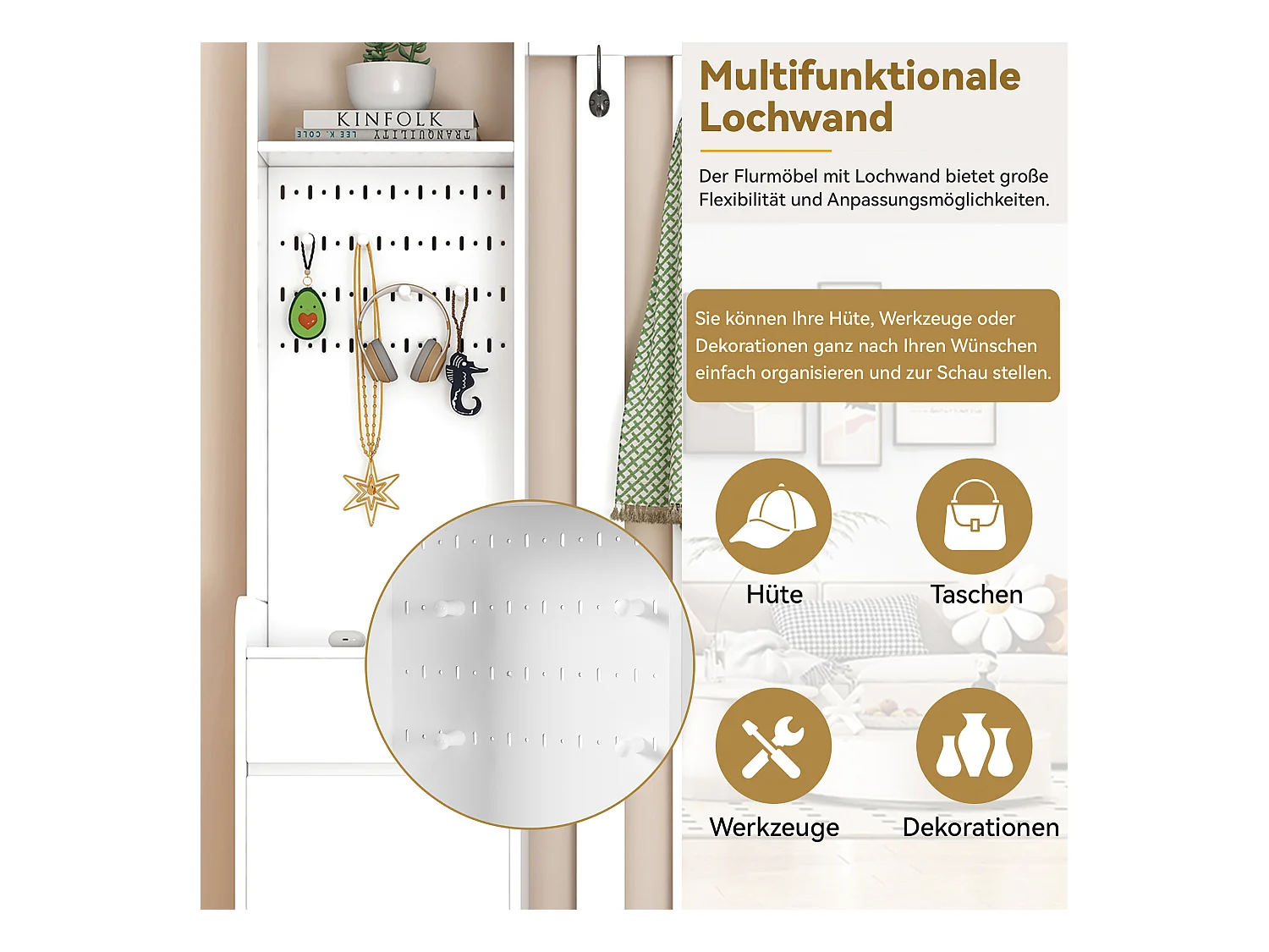 Ensemble de garde-robe avec banc de rangement, porte-manteau, 4 crochets, MDF blanc (H180 x L100 x P35 cm)