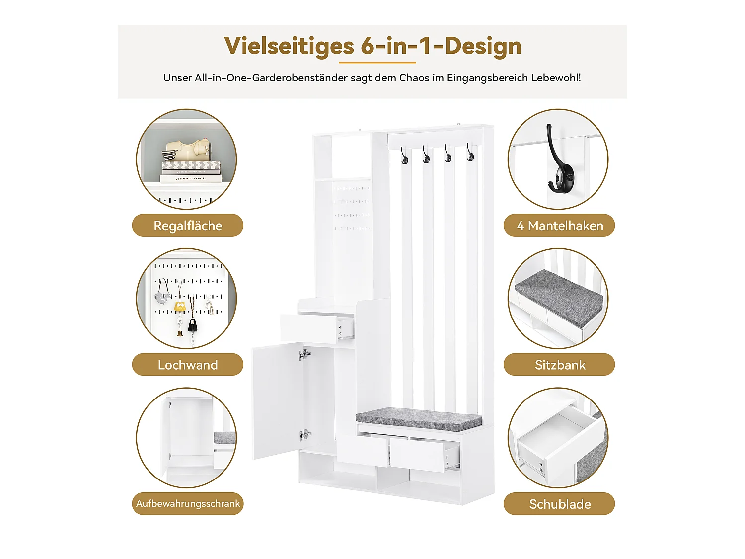 Ensemble de garde-robe avec banc de rangement, porte-manteau, 4 crochets, MDF blanc (H180 x L100 x P35 cm)