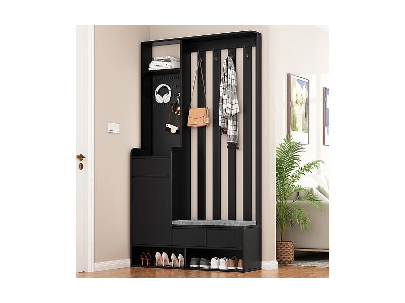 Ensemble de garde-robe avec banc de rangement rembourré, porte-manteau moderne avec 4 crochets, panneau perforé multifonction (180 x100 x35 cm)