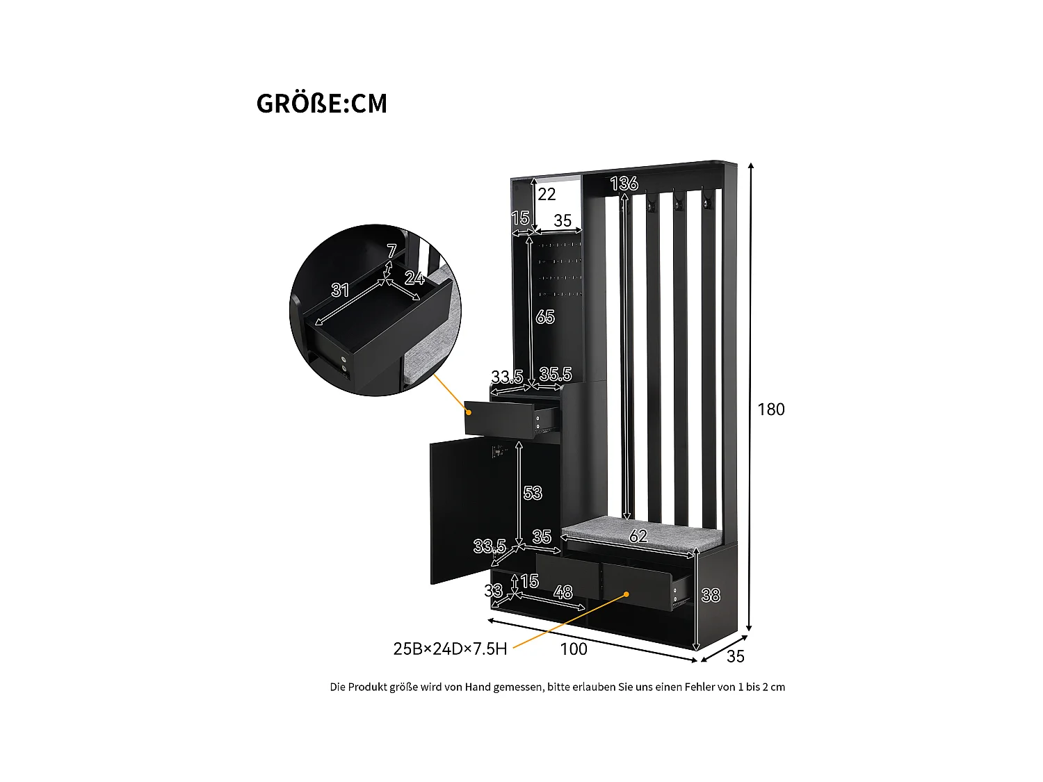 Ensemble de garde-robe avec banc de rangement rembourré, porte-manteau moderne avec 4 crochets, panneau perforé multifonction (180 x100 x35 cm)