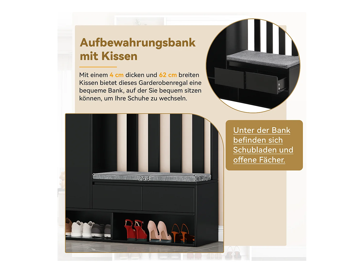 Ensemble de garde-robe avec banc de rangement rembourré, porte-manteau moderne avec 4 crochets, panneau perforé multifonction (180 x100 x35 cm)