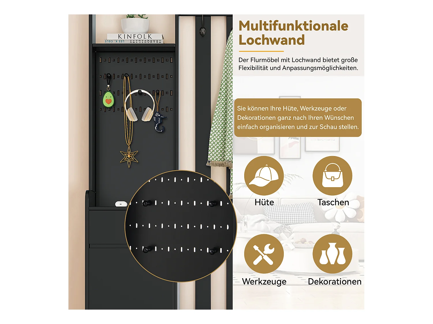 Ensemble de garde-robe avec banc de rangement rembourré, porte-manteau moderne avec 4 crochets, panneau perforé multifonction (180 x100 x35 cm)