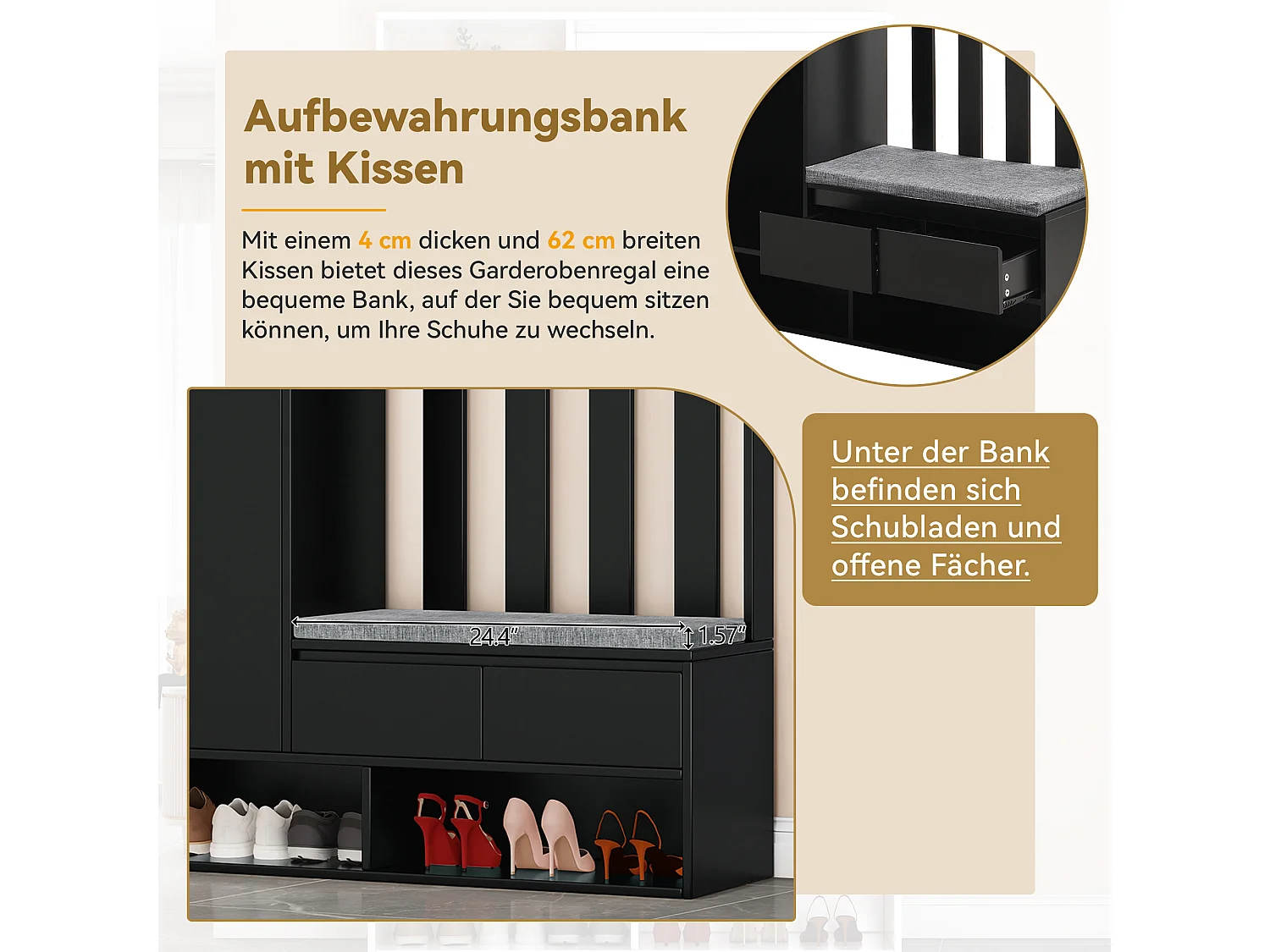 Ensemble de garde-robe avec banc de rangement rembourré, porte-manteau moderne avec 4 crochets, panneau perforé multifonction (180 x100 x35 cm)