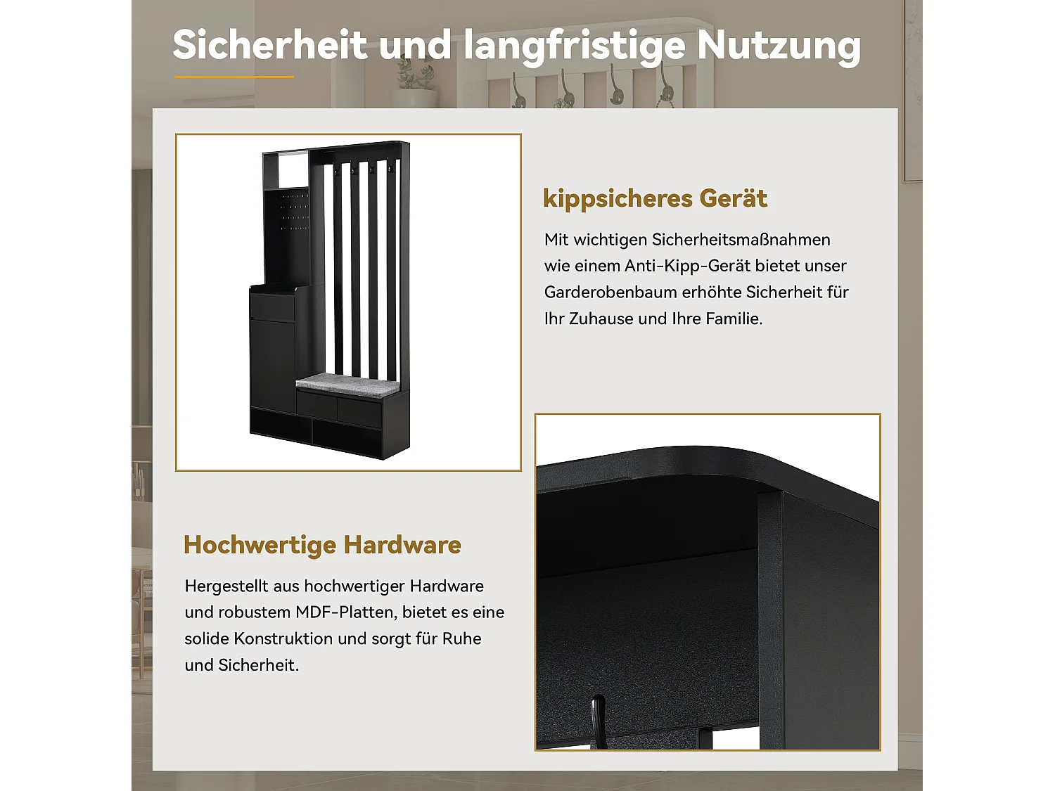 Ensemble de garde-robe avec banc de rangement rembourré, porte-manteau moderne avec 4 crochets, panneau perforé multifonction (180 x100 x35 cm)