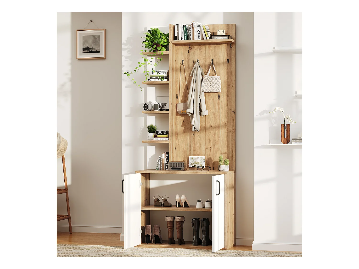 Porte-manteau d'entrée avec rangements intégrés et étagères, bois naturel et blanc (75x33x180cm)