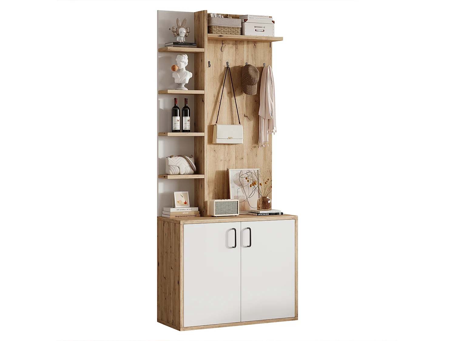 Perchero de pasillo con almacenaje y estantes integrados, madera natural y blanco (75x33x180cm)