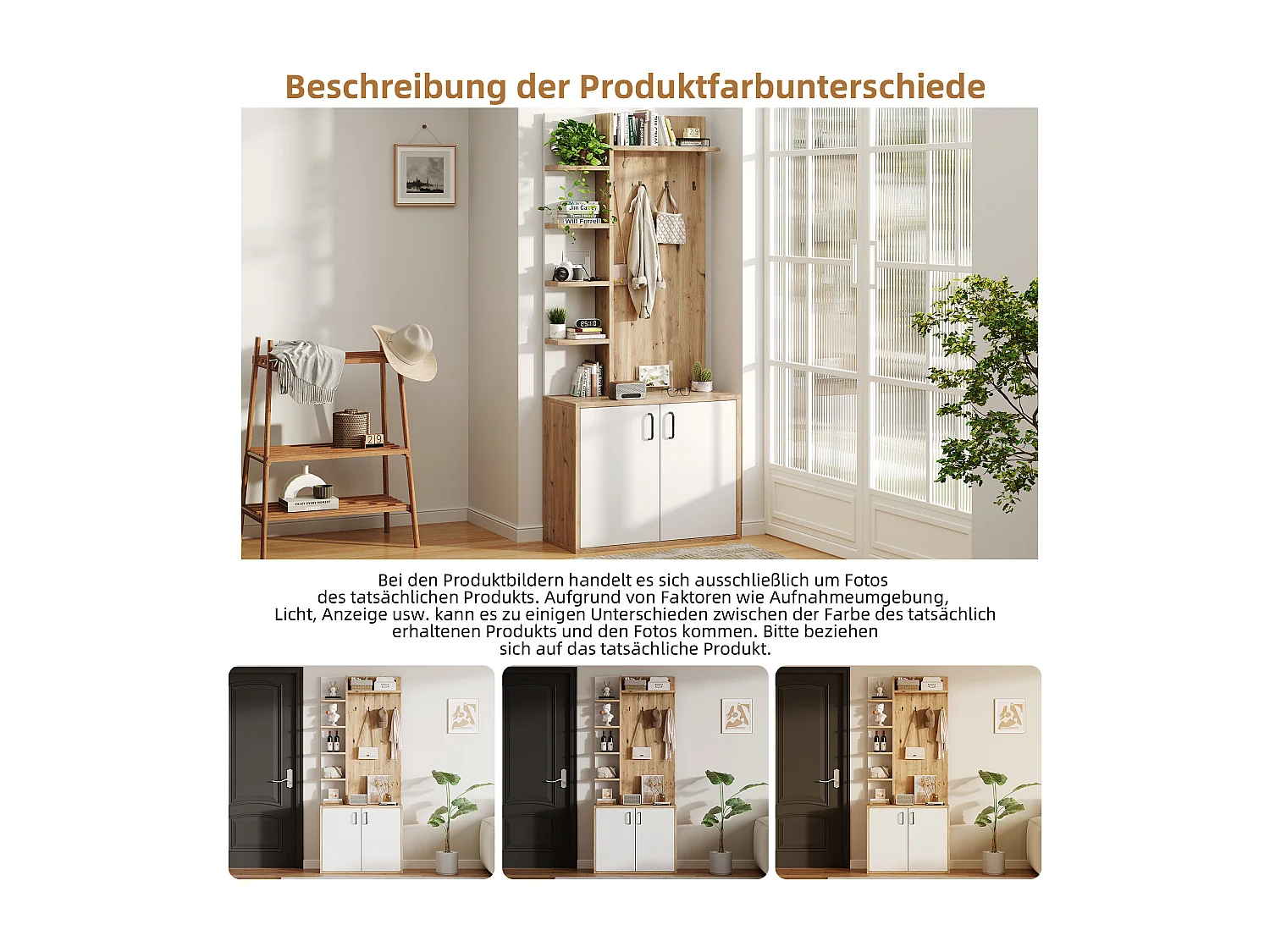 Perchero de pasillo con almacenaje y estantes integrados, madera natural y blanco (75x33x180cm)