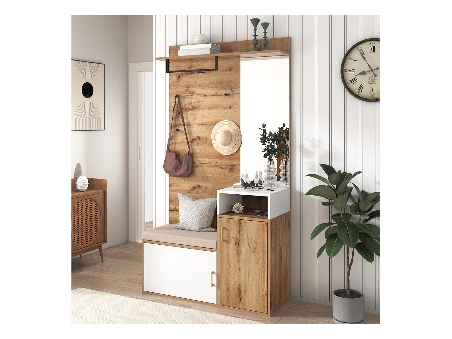 Ensemble de vestiaire avec miroir, banc et rangement à chaussures, design scandinave, MDF et panneau de particules, (105x40x190.5 cm)