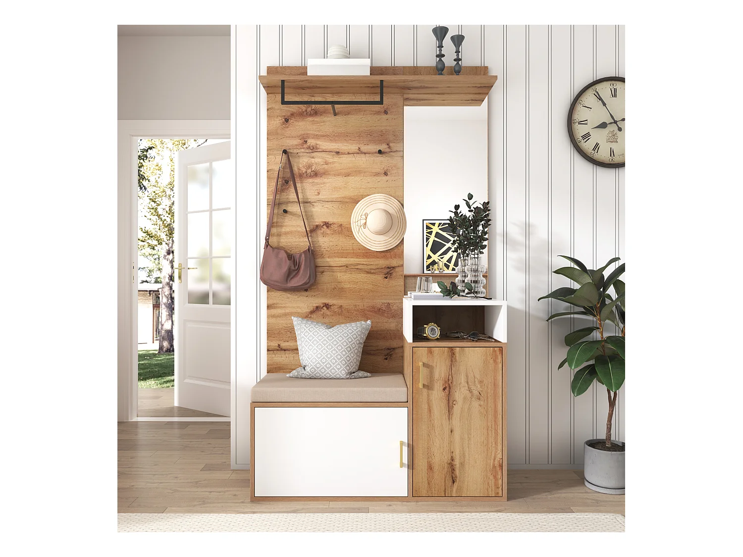 Ensemble de vestiaire avec miroir, banc et rangement à chaussures, design scandinave, MDF et panneau de particules, (105x40x190.5 cm)