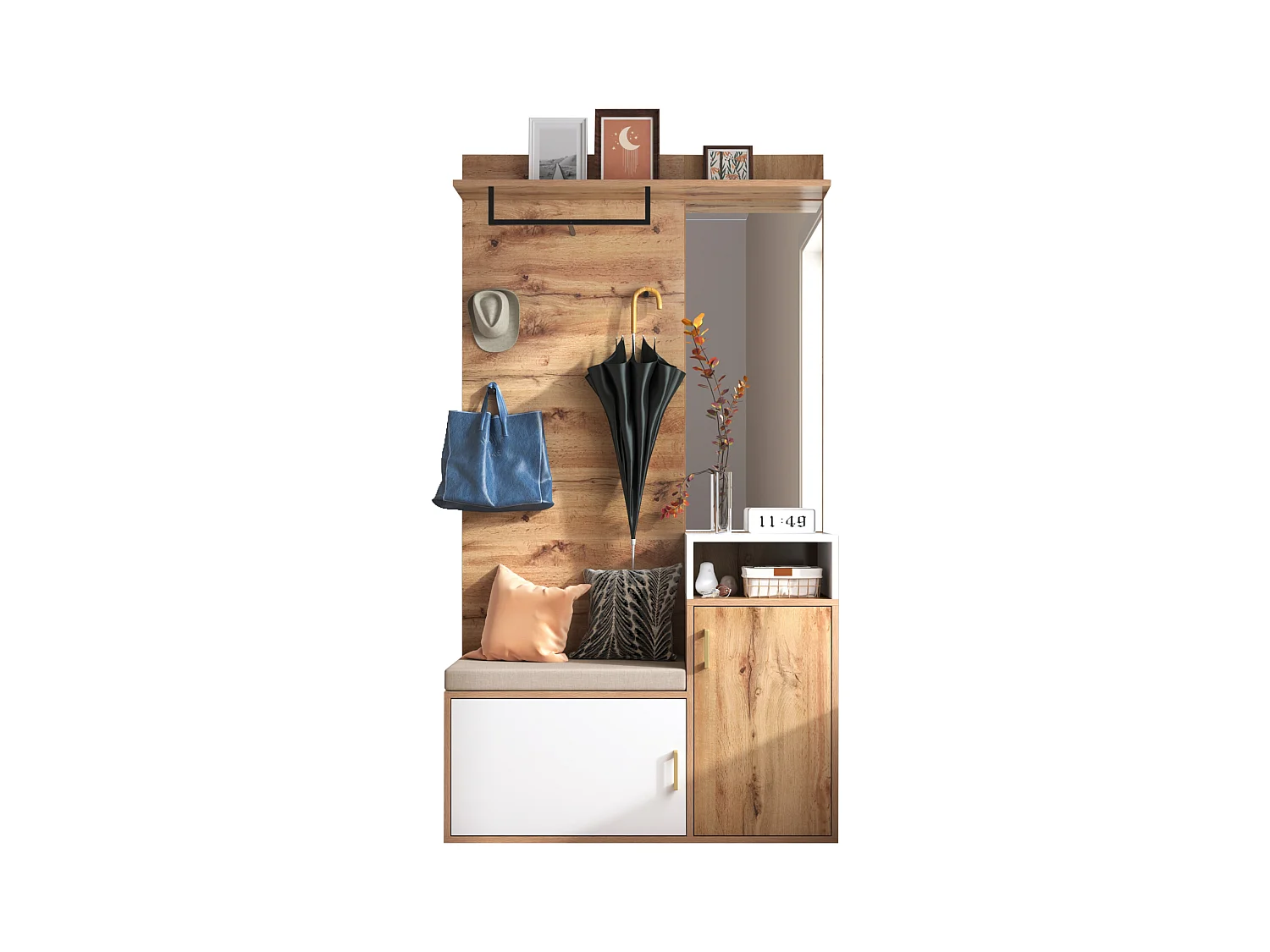 Set per spogliatoio con specchio, panca e scarpiera, design scandinavo, MDF e truciolato, (105x40x190,5 cm)
