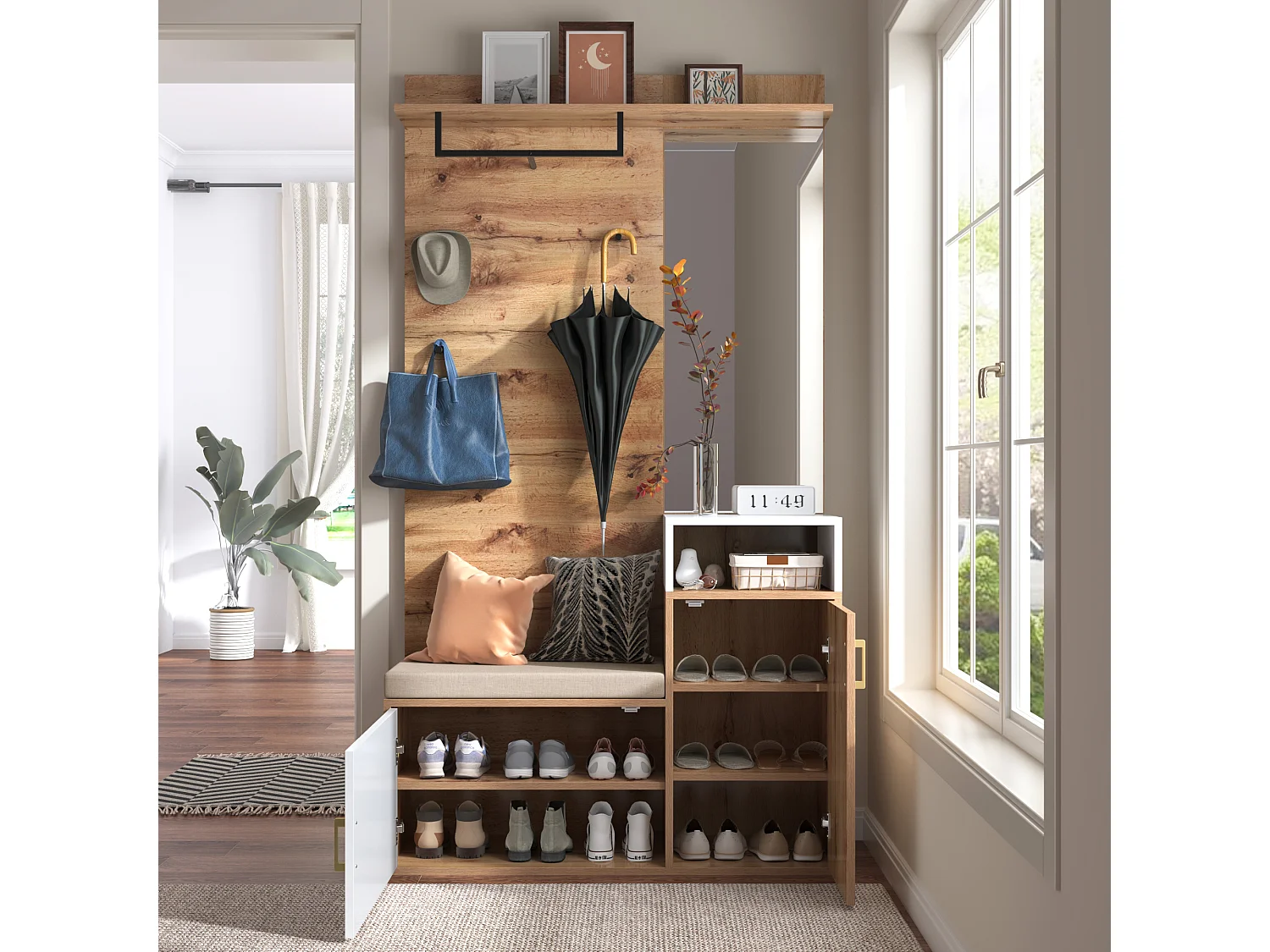 Ensemble de vestiaire avec miroir, banc et rangement à chaussures, design scandinave, MDF et panneau de particules, (105x40x190.5 cm)