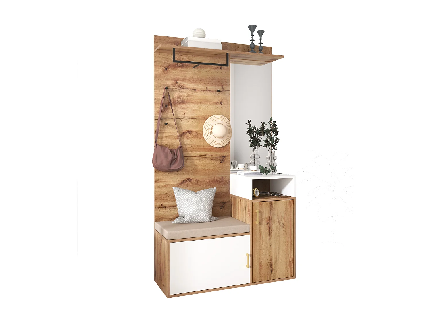 Ensemble de vestiaire avec miroir, banc et rangement à chaussures, design scandinave, MDF et panneau de particules, (105x40x190.5 cm)