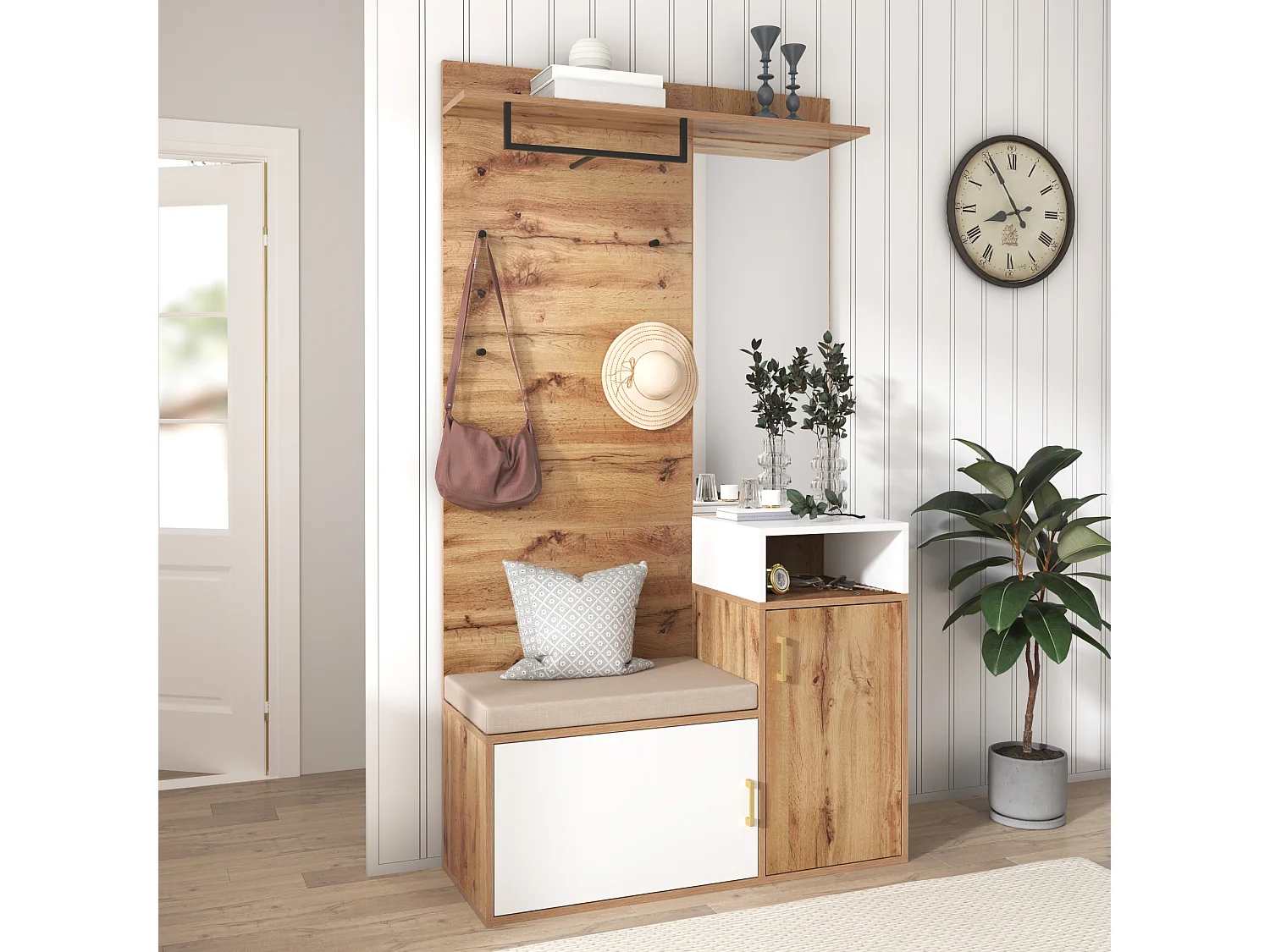 Ensemble de vestiaire avec miroir, banc et rangement à chaussures, design scandinave, MDF et panneau de particules, (105x40x190.5 cm)