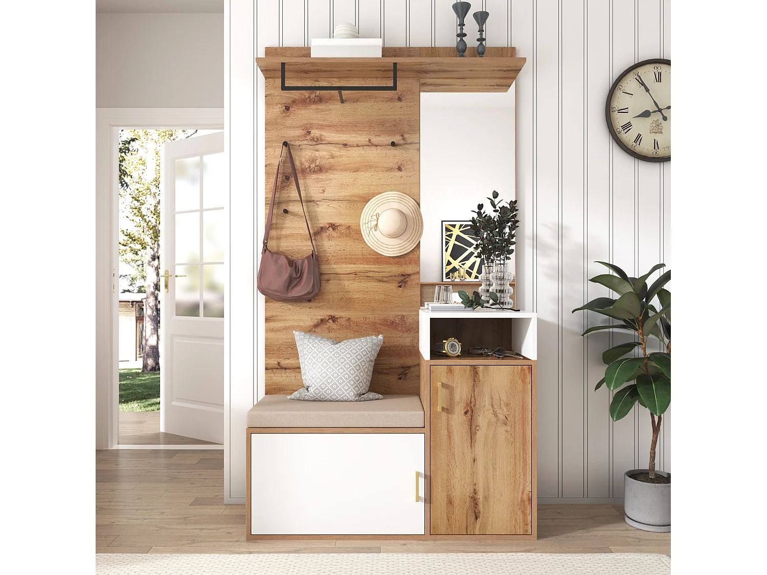 Ensemble de vestiaire avec miroir, banc et rangement à chaussures, design scandinave, MDF et panneau de particules, (105x40x190.5 cm)