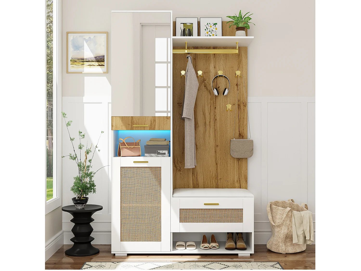 Armoire d'entrée multifonction avec miroir, éclairage LED 16 couleurs, MDF et panneau de particules, blanc et bois (110x38x190cm)