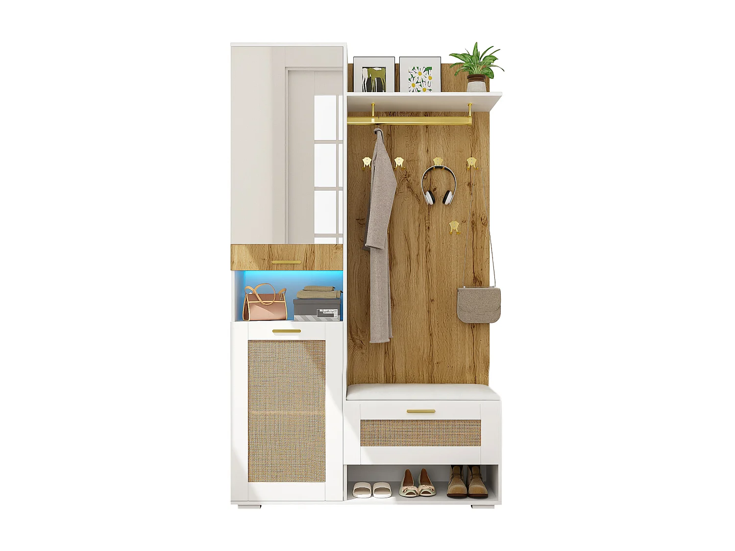 Armoire d'entrée multifonction avec miroir, éclairage LED 16 couleurs, MDF et panneau de particules, blanc et bois (110x38x190cm)