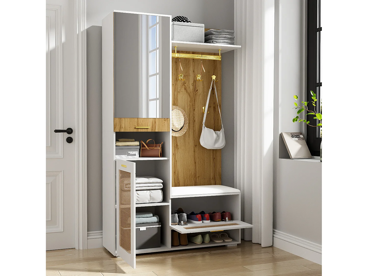 Armoire d'entrée multifonction avec miroir, éclairage LED 16 couleurs, MDF et panneau de particules, blanc et bois (110x38x190cm)