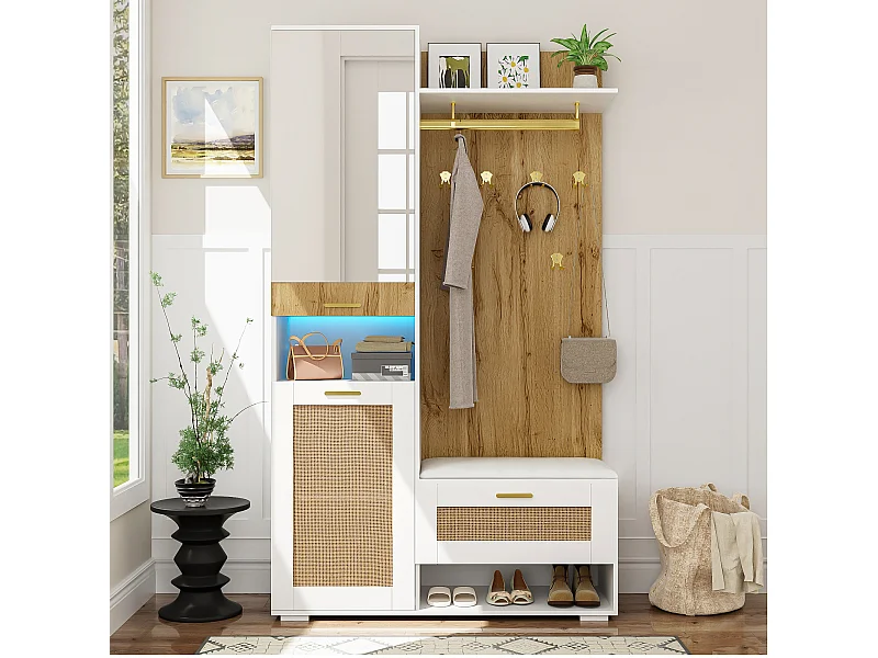 Armoire d'entrée multifonction avec miroir, éclairage LED 16 couleurs, MDF et panneau de particules, blanc et bois (110x38x190cm)
