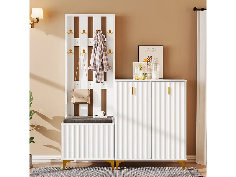 Armadio combinato con panca portascarpe e cuscino, design moderno, truciolato, bianco, ganci dorati (60,5x180,5x35,2 cm)